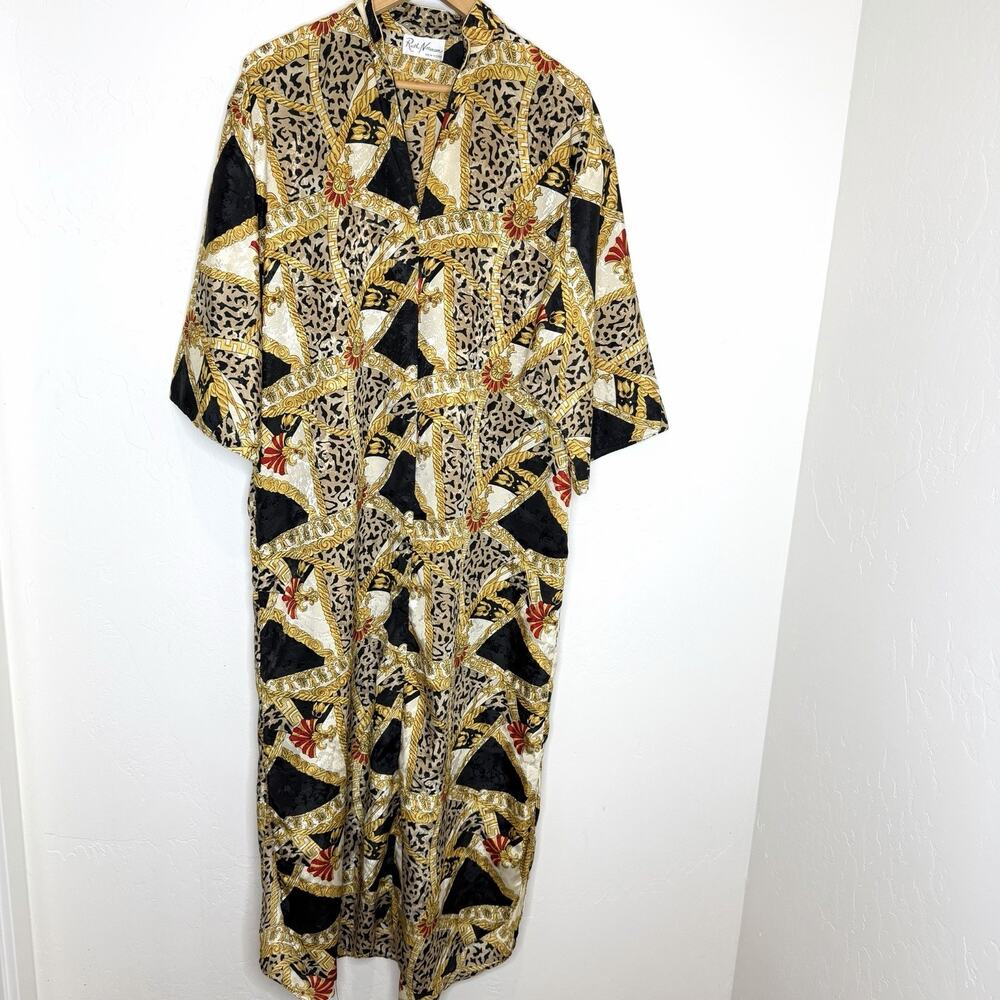 Vintage Ruth Norman Satin Caftan Dress Baroque Chains Womens Large Maxi Gold